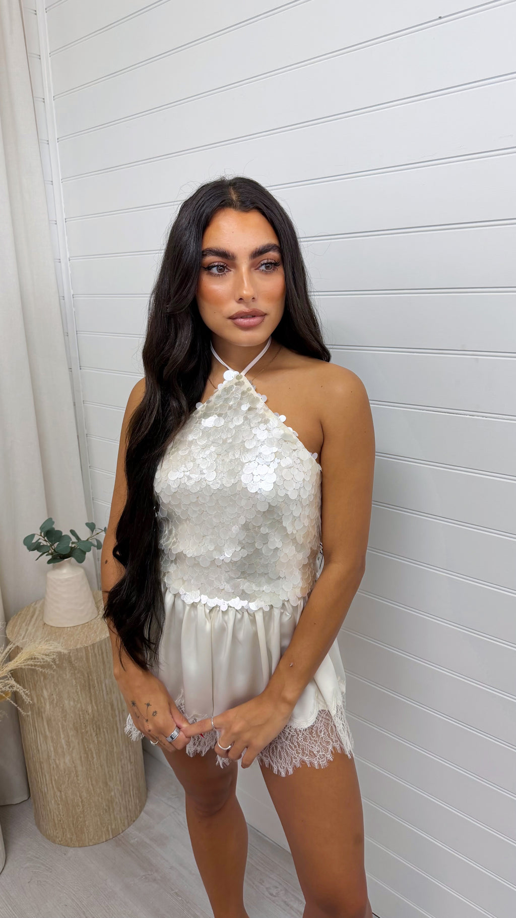 Halter Neck Backless Sequin Top - CREAM