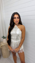 Halter Neck Backless Sequin Top - CREAM