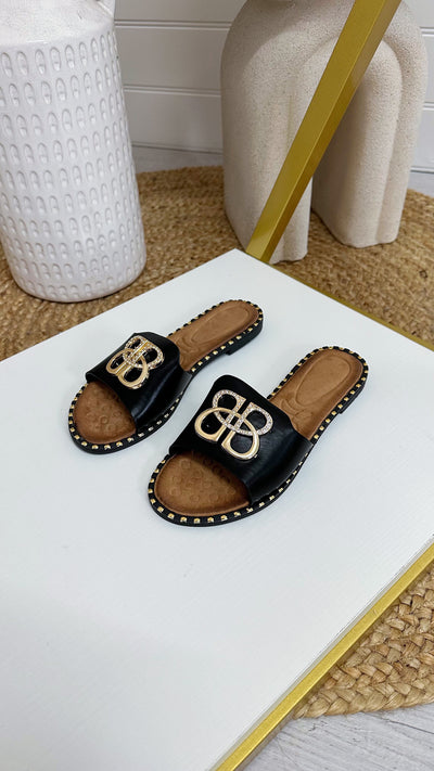 Gold Studded Diamante Sliders - BLACK