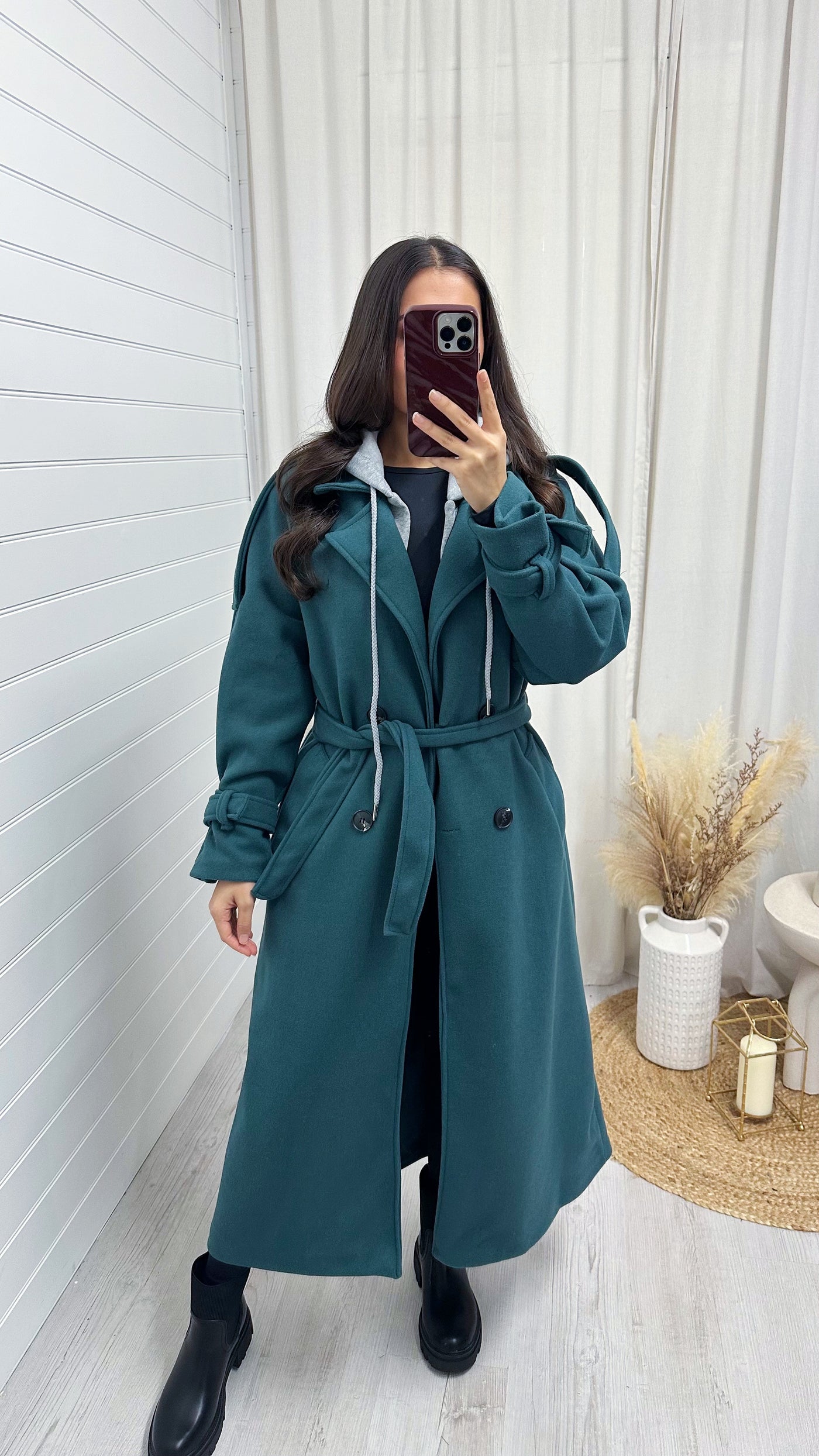 Belted Straight Fit Woollen Insert Mac - TEAL