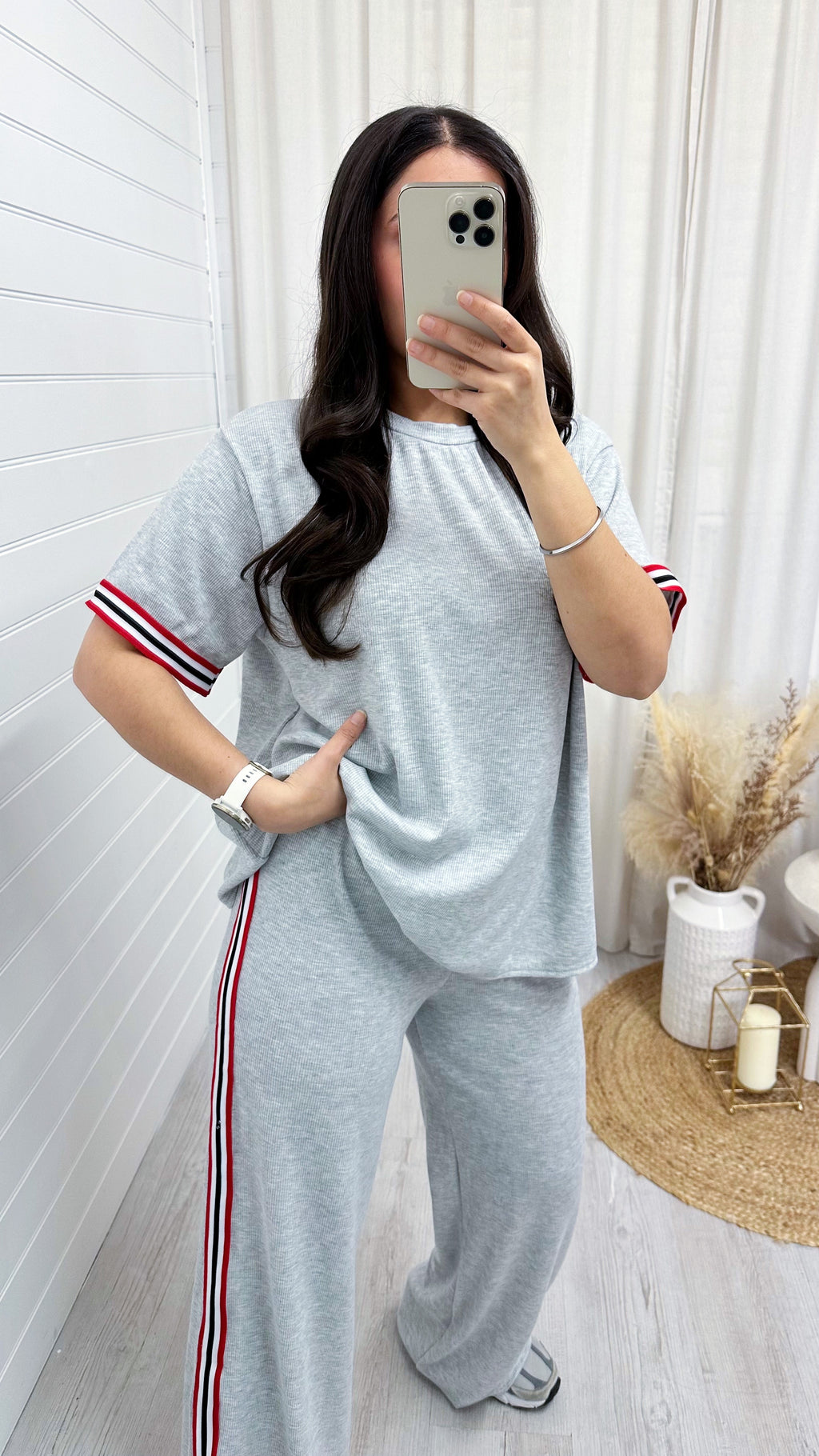 Soft Ribbed Side Strip T-Shirt and Trousers Co-Ord - GREY