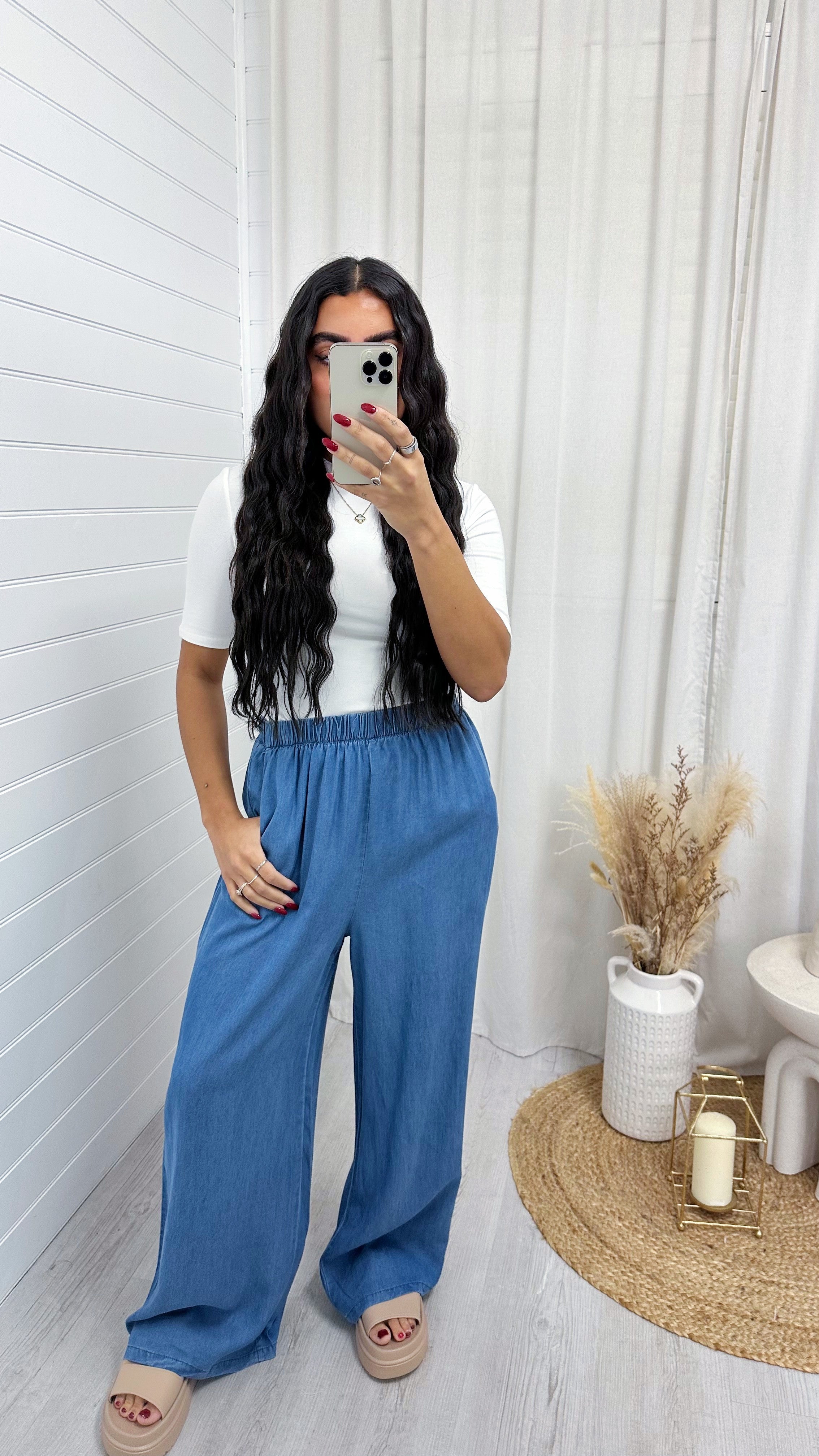 Soft Cotton Denim Style Wide Leg Trousers - DARK DENIM