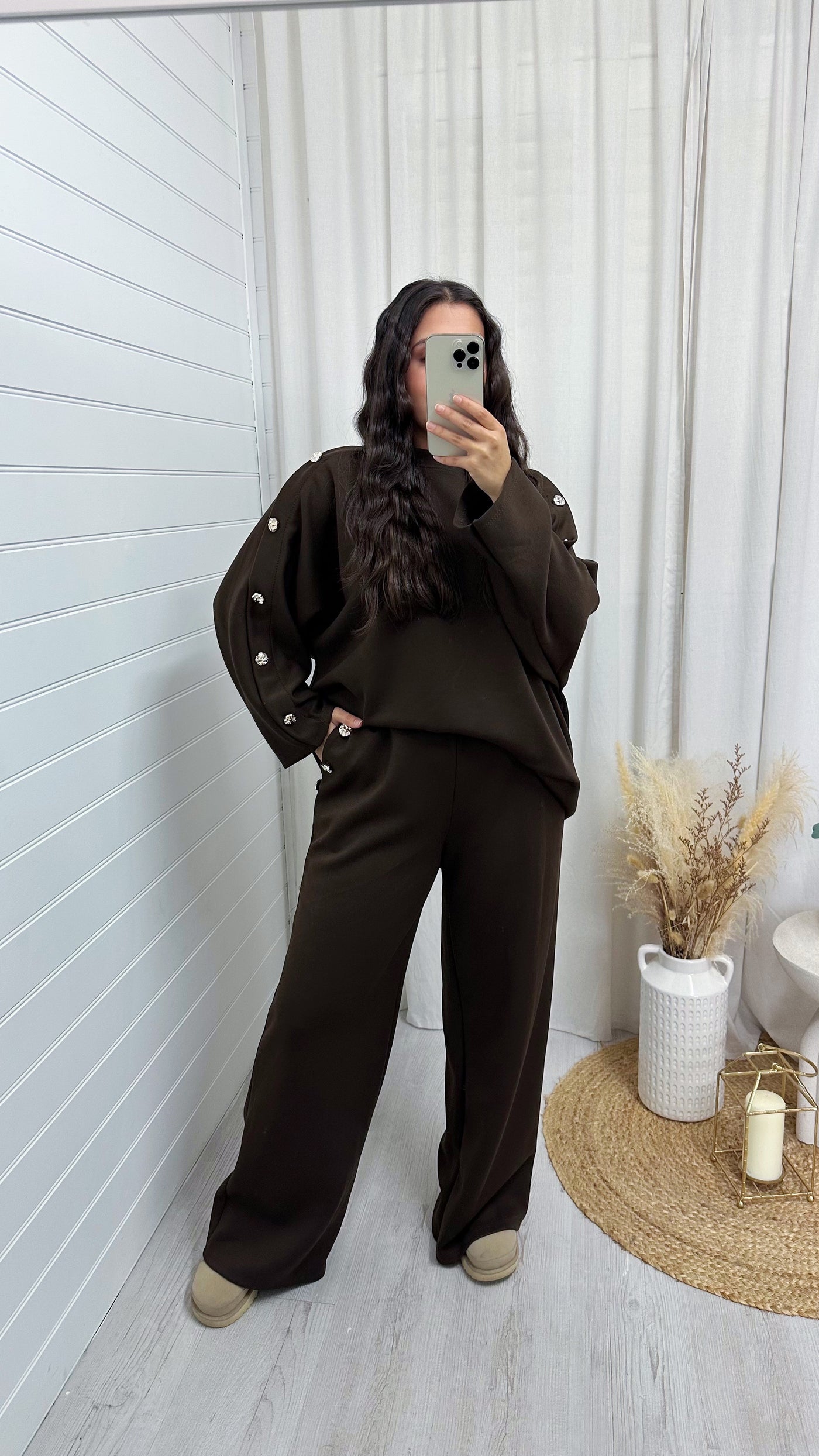 Long Sleeve Gold Button Detail Top and Trousers Co-Ord - BROWN