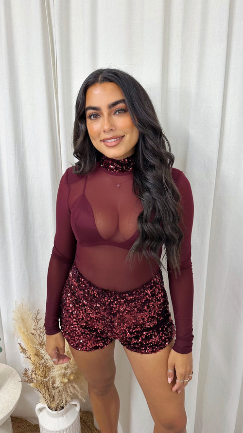 *BRA NOT INCLUDED* 2 Piece Sequin Mesh Bodysuit, Bralette and Shorts Co-Ord - WINE