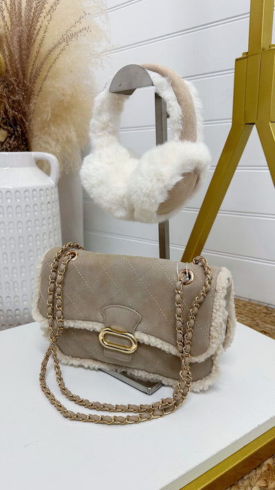 Teddy Fur Trim Cross Body Bag - BEIGE