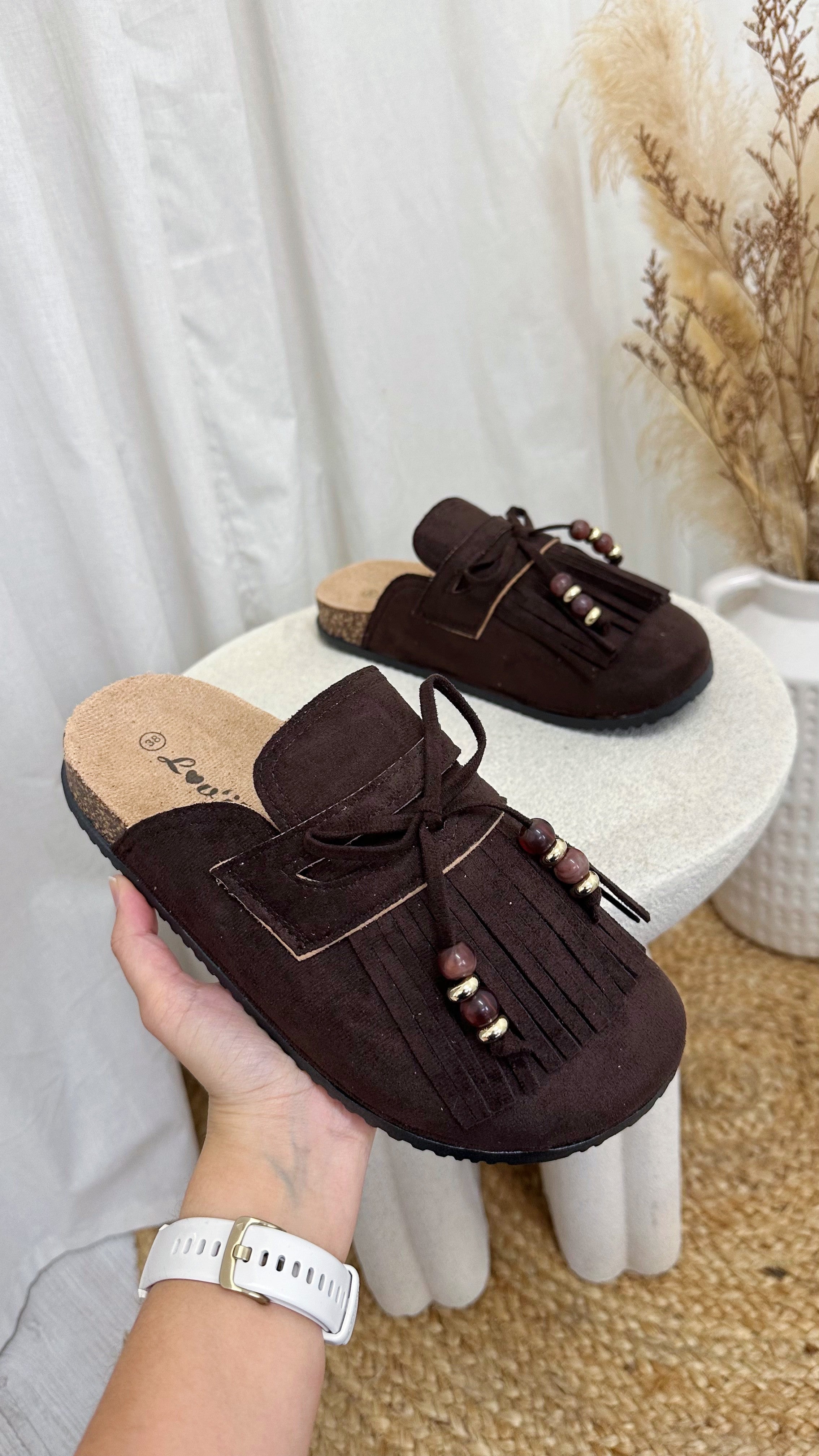 Beaded Tassel Suede Mules - BROWN