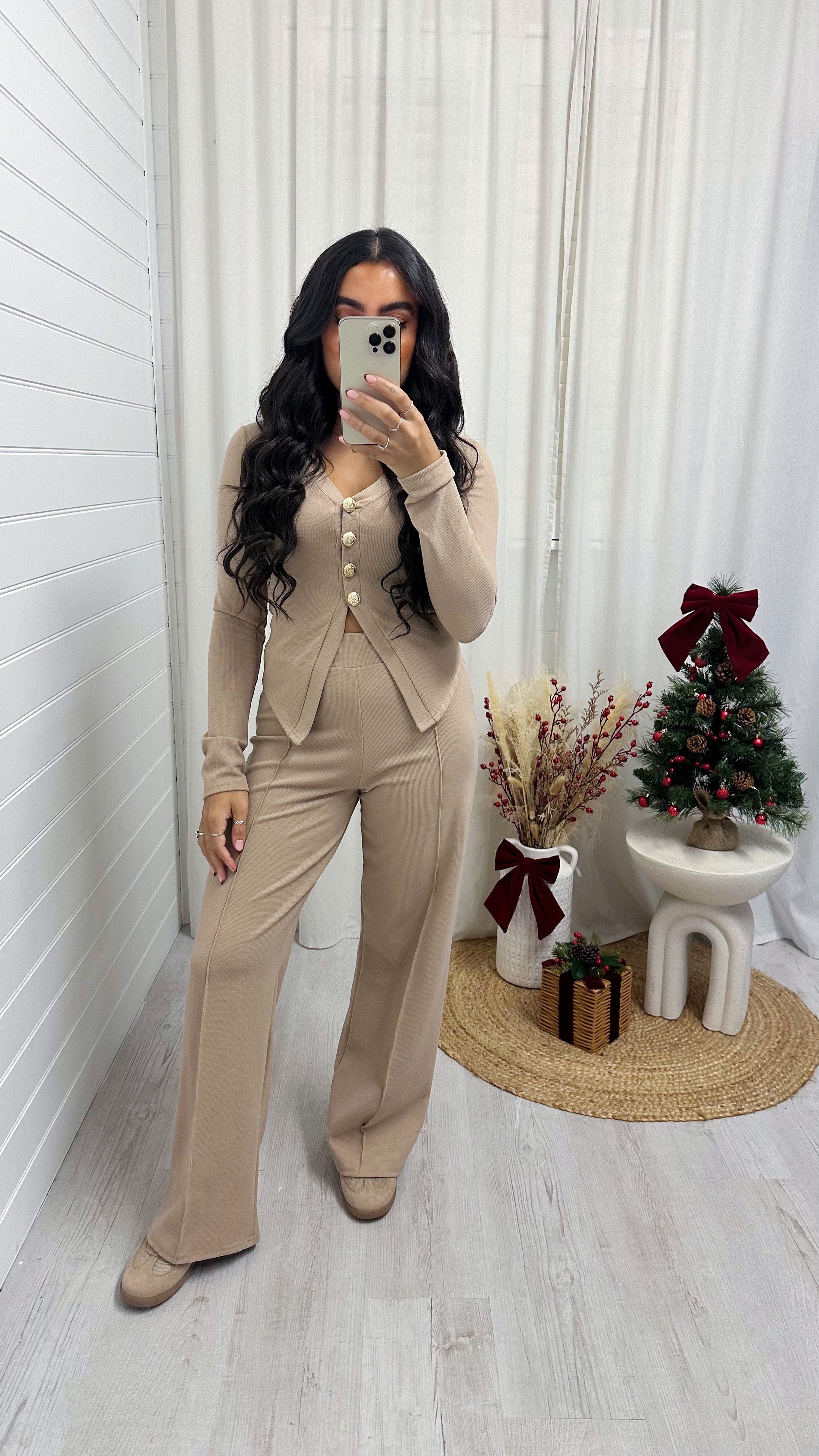 Gold Button Cardigan and Straight Trousers Co-Ord - BEIGE