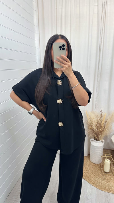 Celestial Gold Button Shirt and Straight Leg Trousers Co-Ord - BLACK