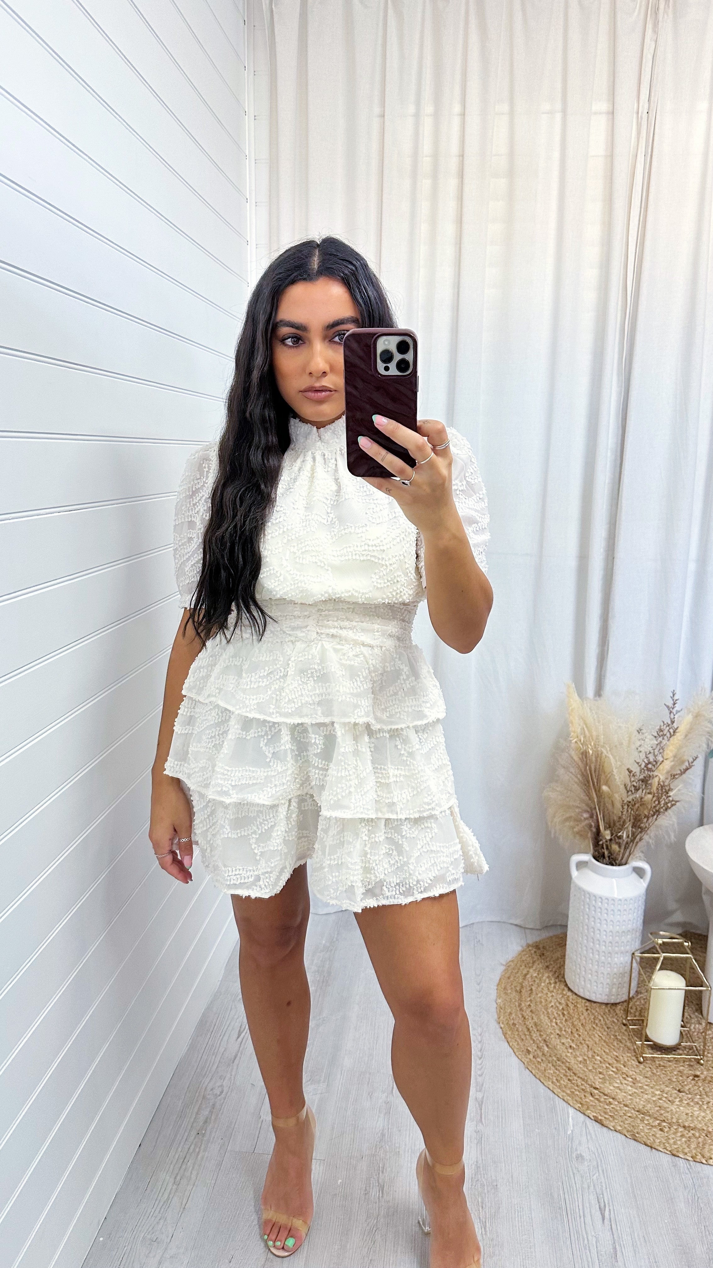 Cinched Waist Frill Tiered Dress - CREAM