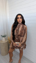 Deer Print Tie Neck Dress - BROWN