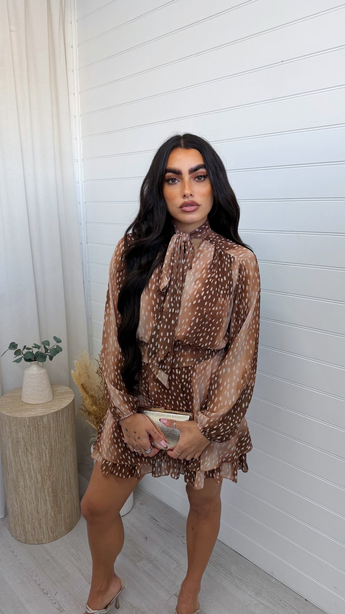 Deer Print Tie Neck Dress - BROWN
