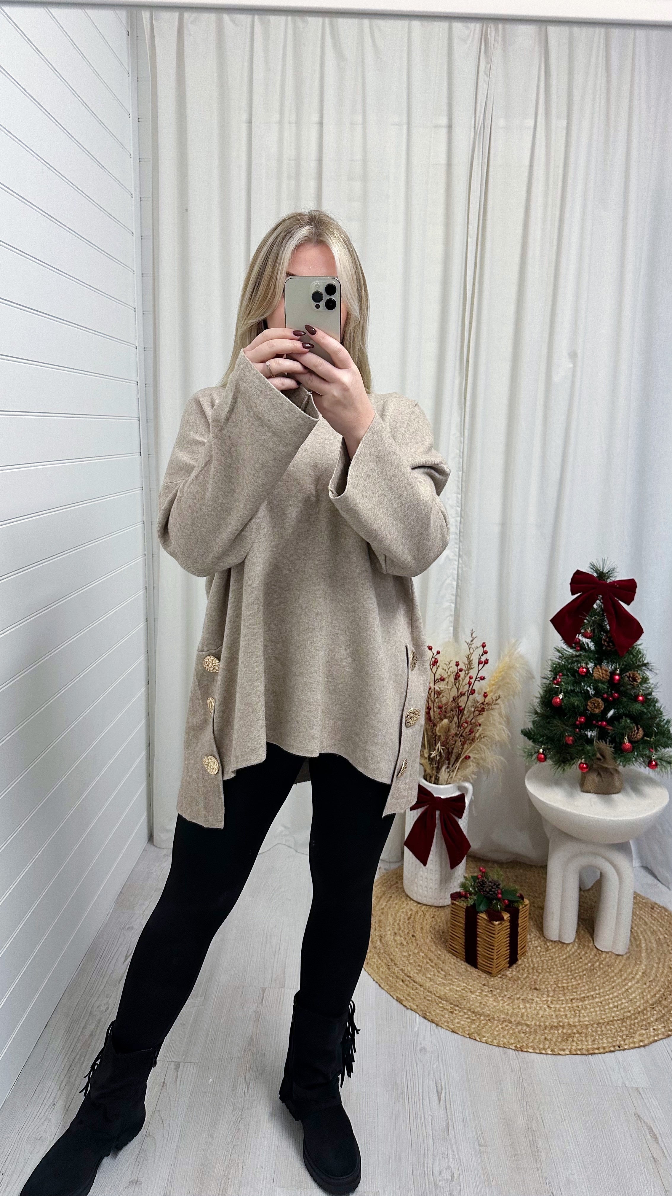 Fine Knitted Gold Button Oversized Jumper - MOCHA