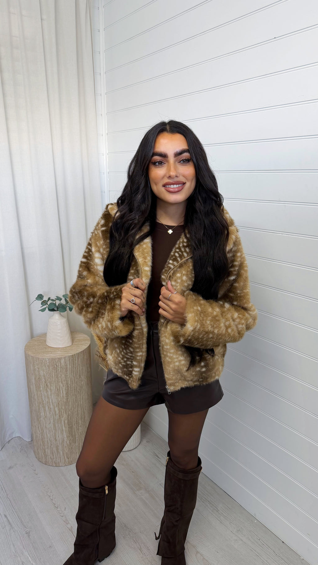 Deer Print Faux Fur Hooded Jacket - CARAMEL