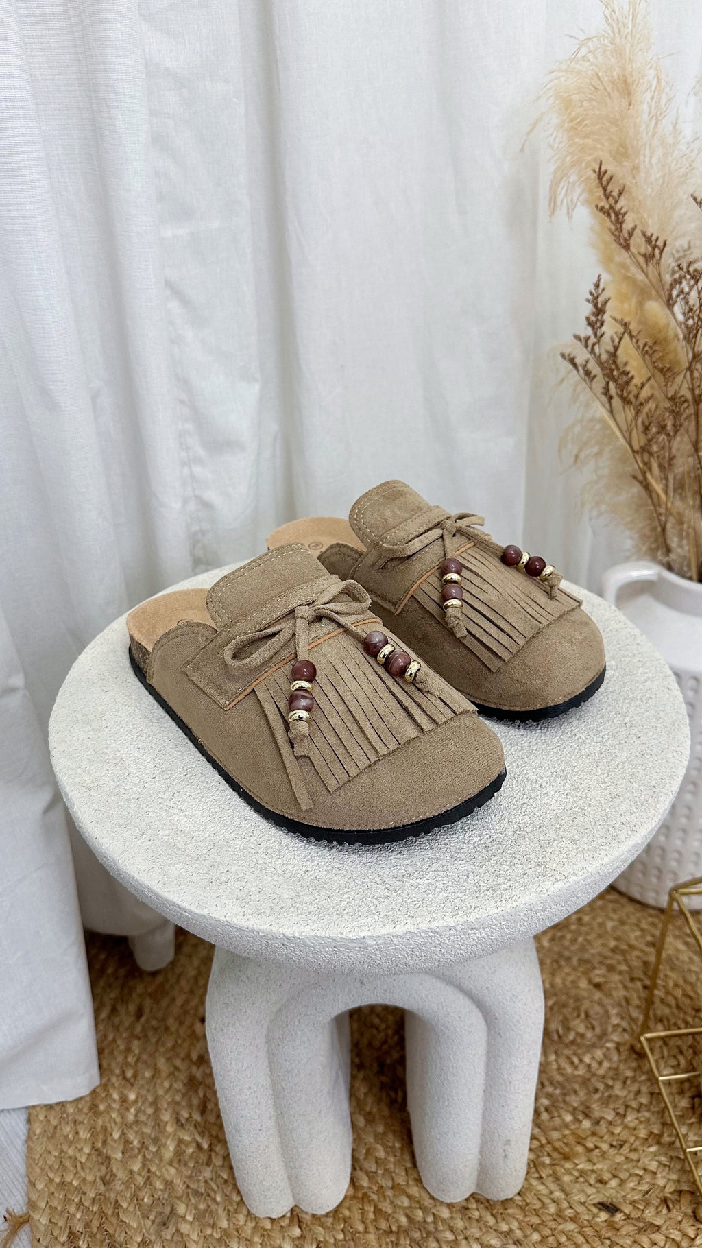 Beaded Tassel Suede Mules - DARK BEIGE