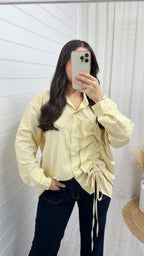 Side Ruched Oversized Stripe Shirt - YELLOW