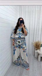 Linen Floral Print Shirt and Wide Leg Trousers Co-Ord - BLUE