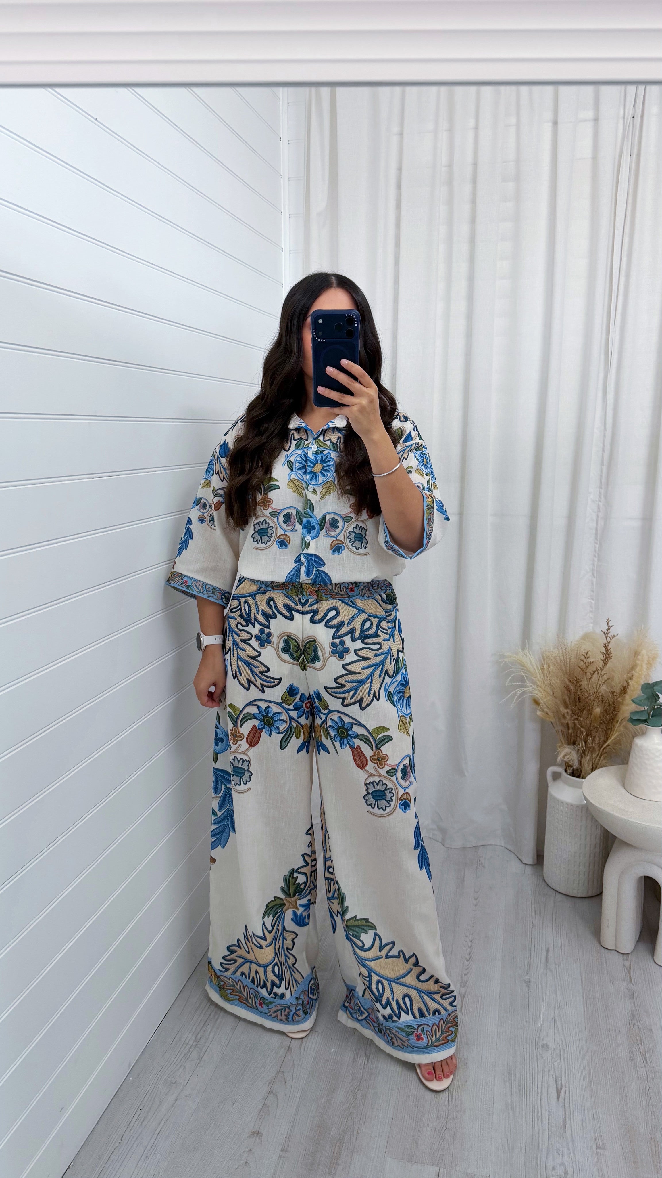 Linen Floral Print Shirt and Wide Leg Trousers Co-Ord - BLUE