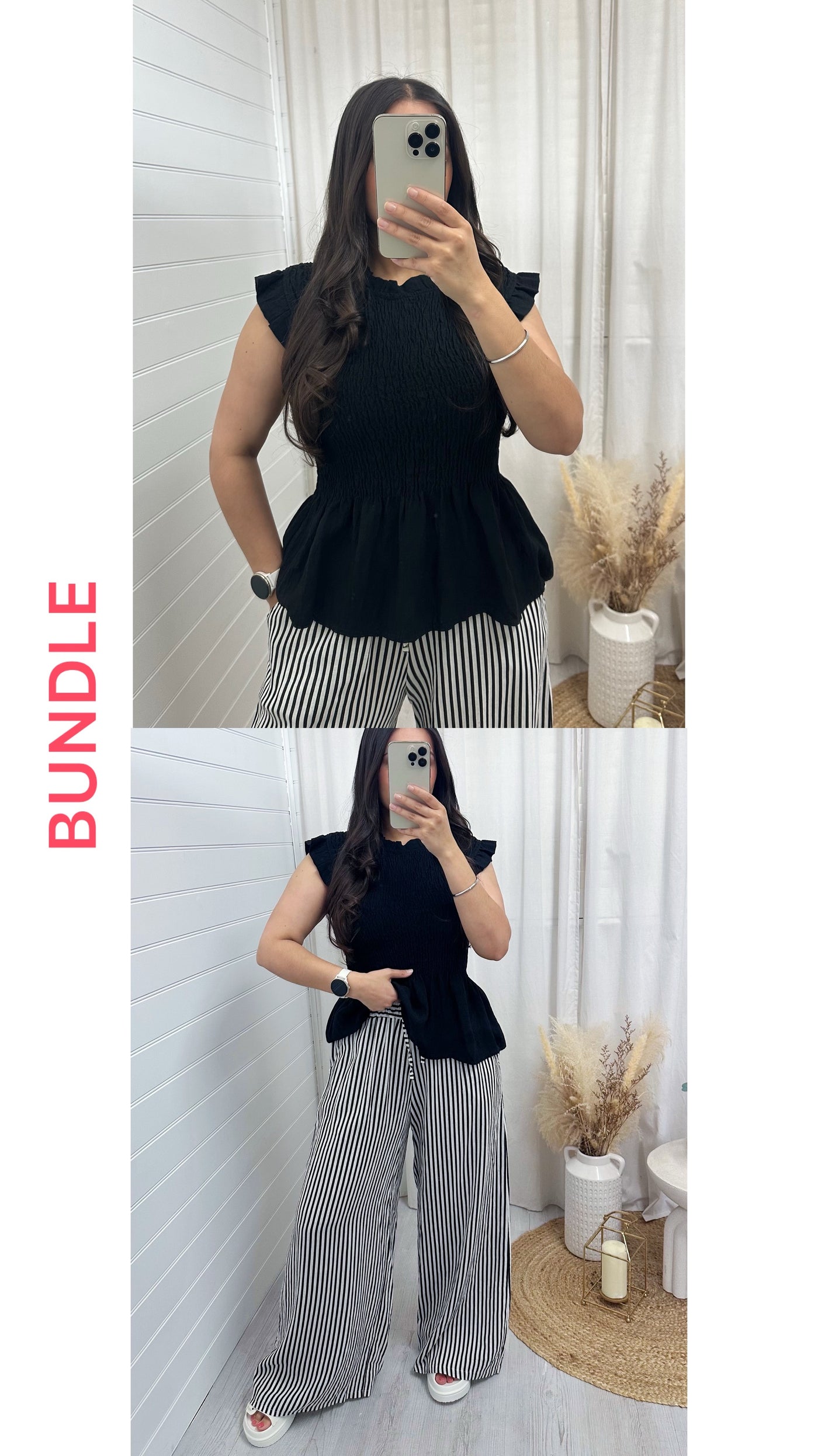 *BUNDLE* Peplum Shirred Top and Pinstripe Trousers - BLACK