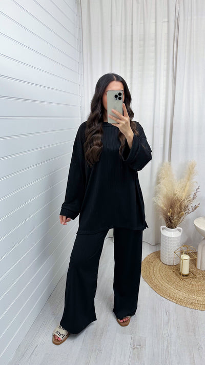 Long Sleeve Ribbed Top and Trousers Co-Ord - BLACK