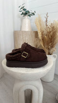 Suede Buckle Strap Platform Slippers - BROWN