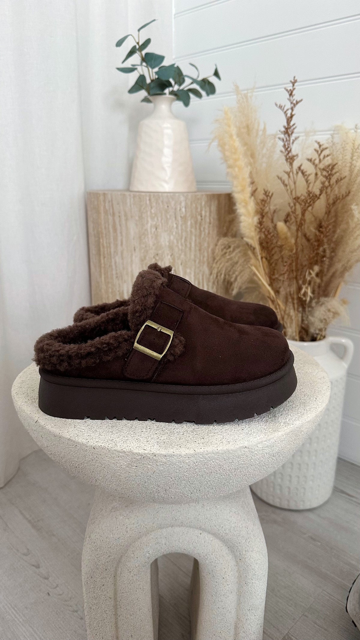 Suede Buckle Strap Platform Slippers - BROWN