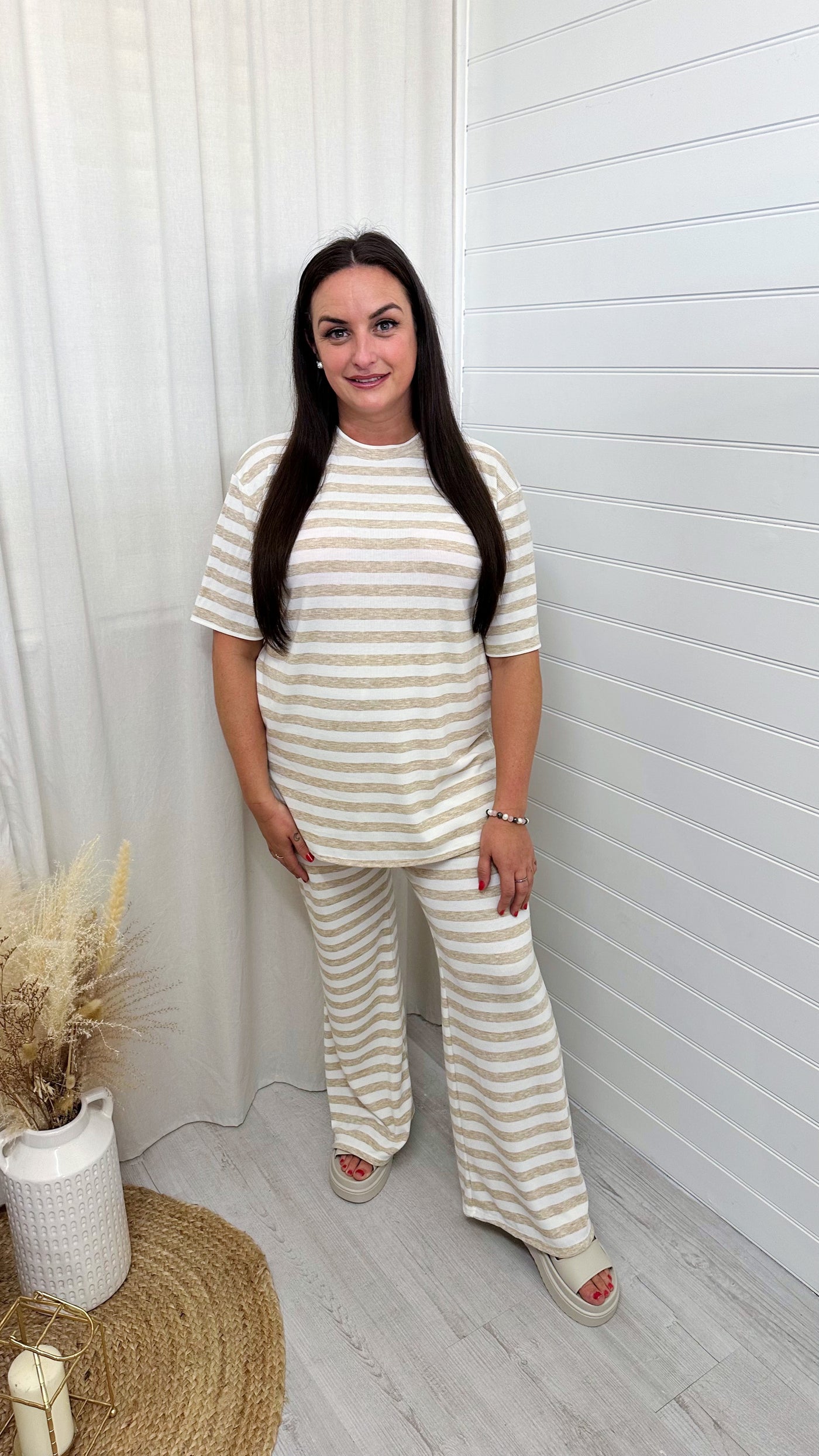 PLUS Soft Premium Ribbed T-Shirt and Straight Leg Trousers Co-Ord - BEIGE