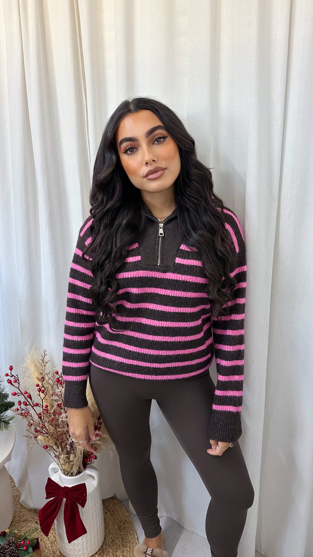 Half Zip Woollen Stripey Jumper - BROWN/PINK