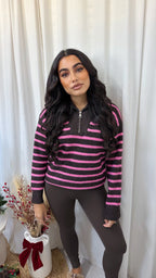 Half Zip Woollen Stripey Jumper - BROWN/PINK