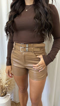 Double Belt PU High Waisted Shorts - TAN