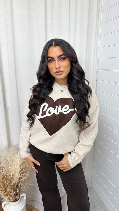 Embroidered Love Heart Knitted Jumper - BROWN