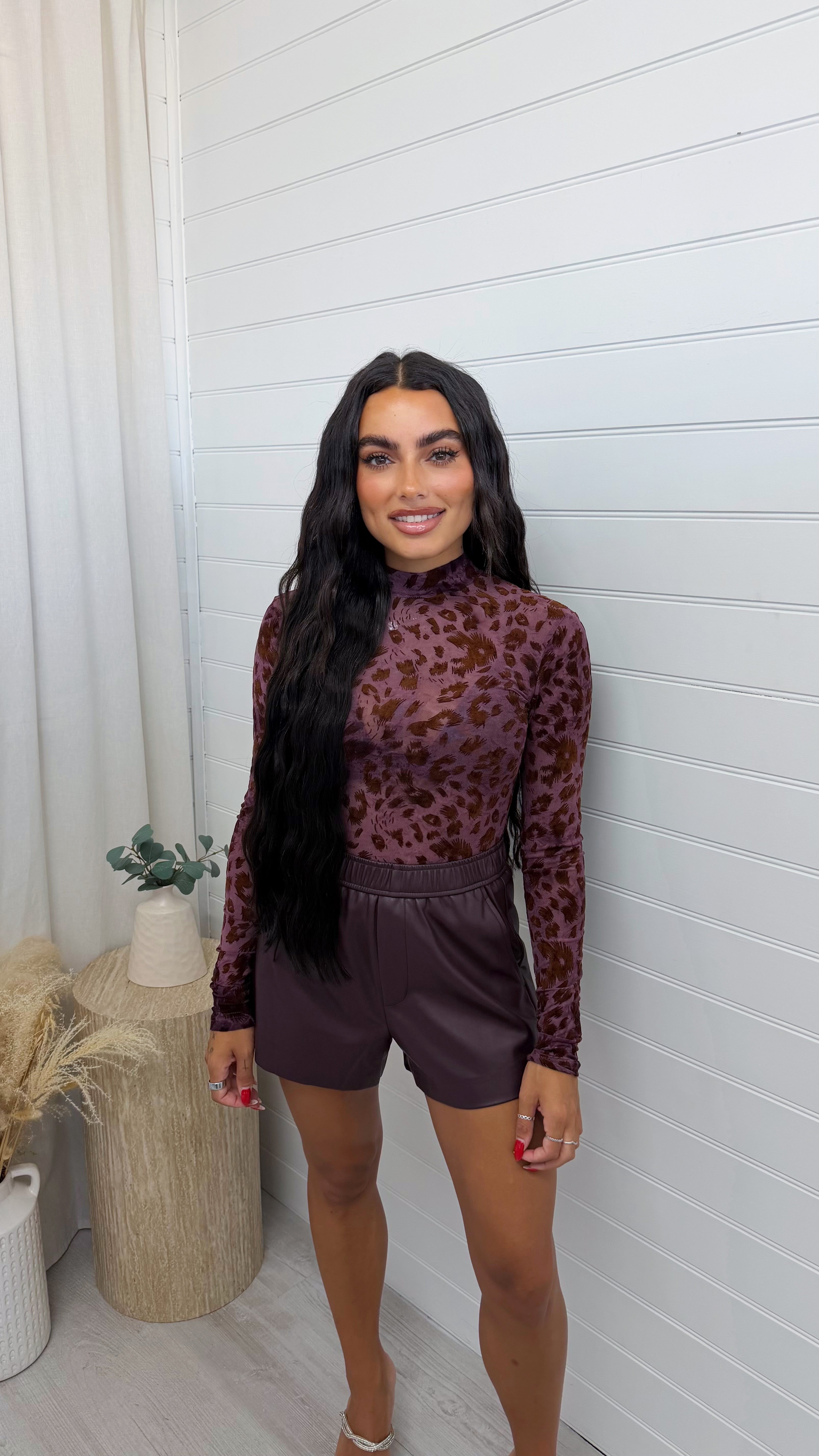 Leopard Print Mesh Body Suit - PLUM