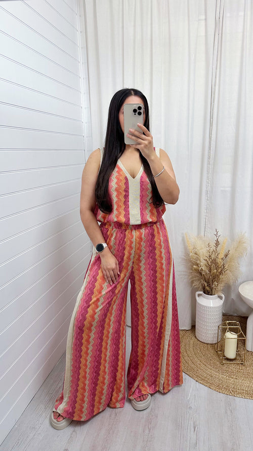 A-Line Zig Zag Vest Top and Slit Wide Leg Trousers Co-Ord - PINK/ORANGE