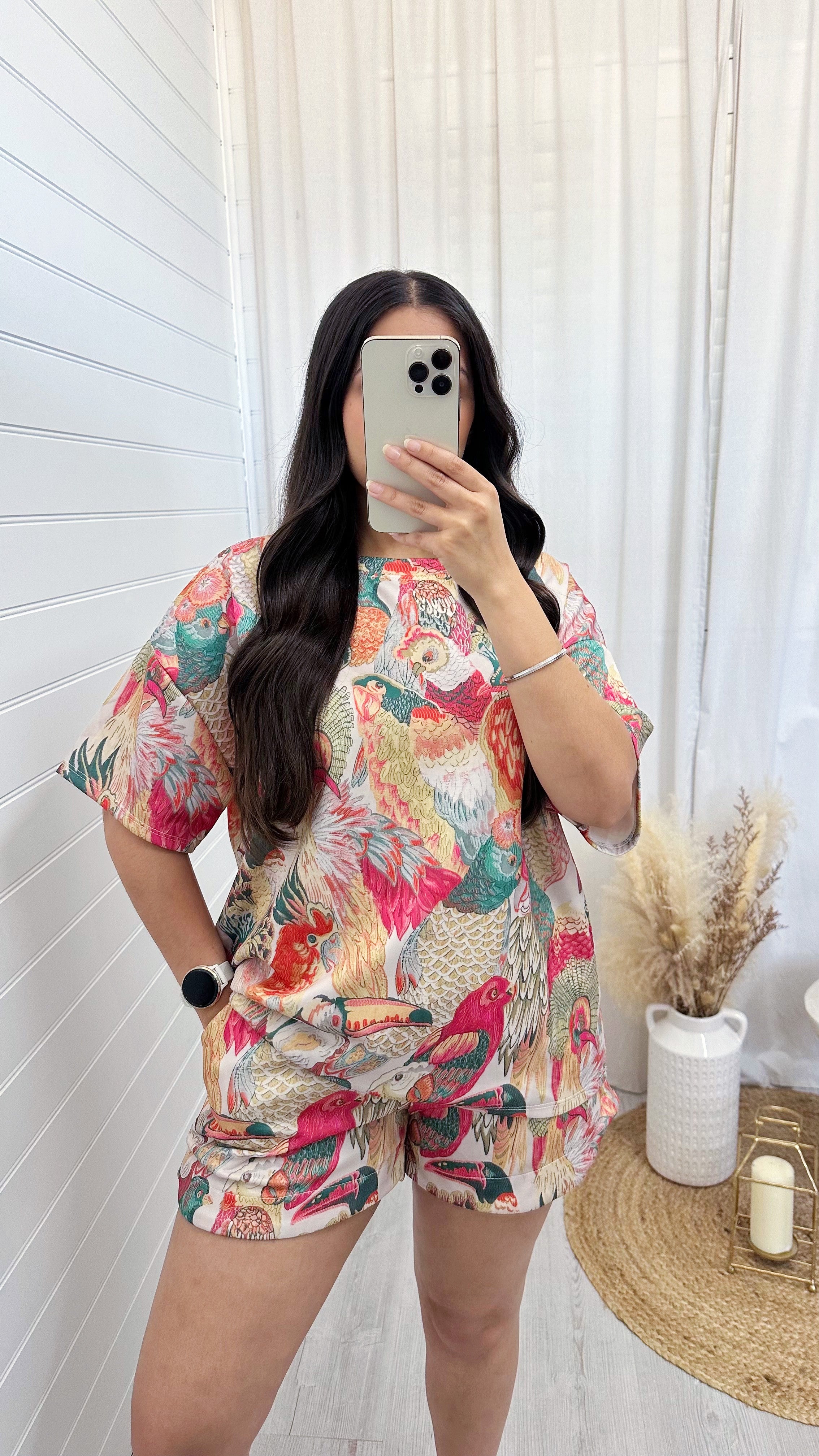 Bird Print T-Shirt and Shorts Co-Ord - ORANGE