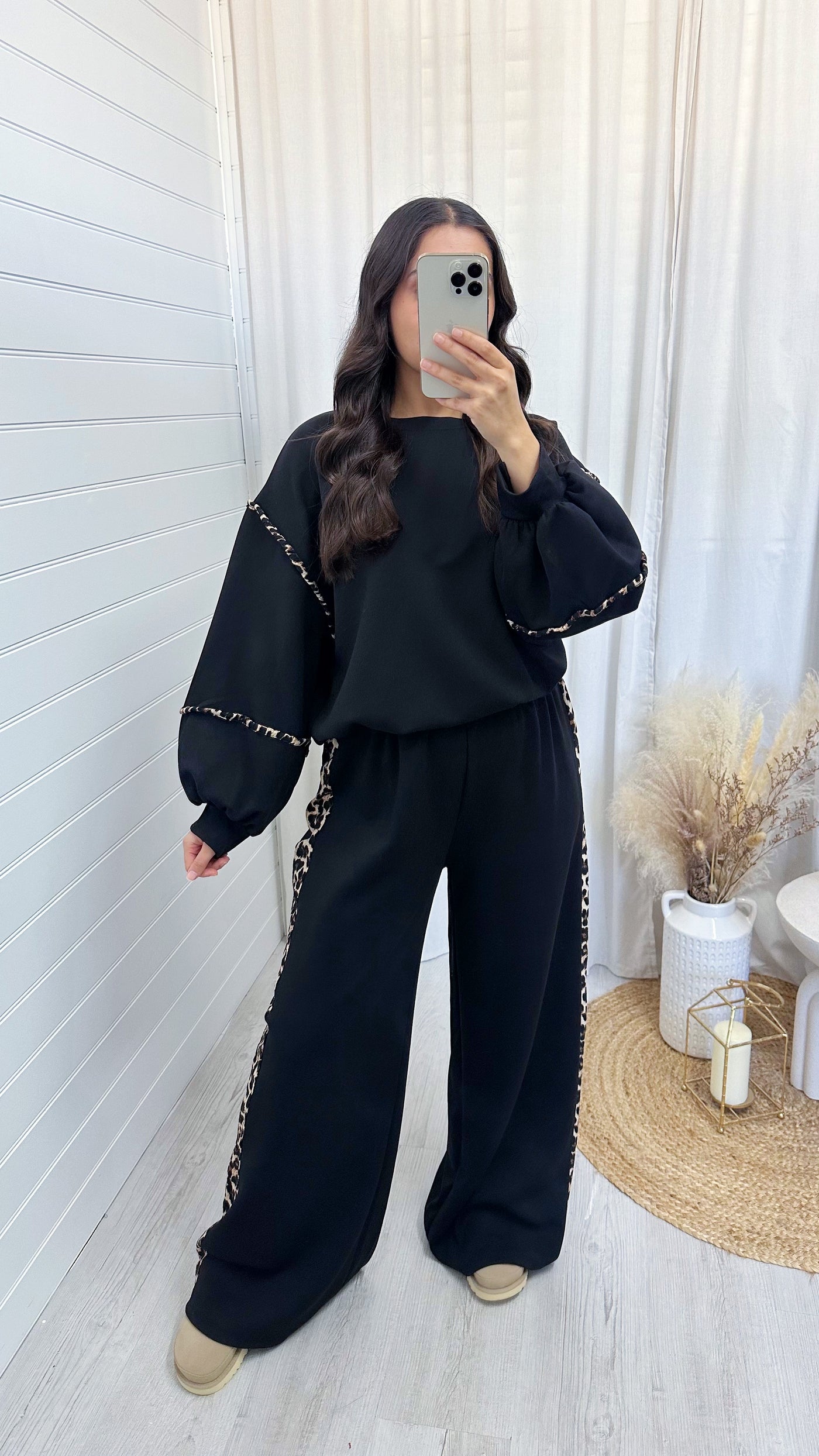 Balloon Sleeve Leopard Trim Sweatshirt and Wide Joggers Co-Ord - BLACK