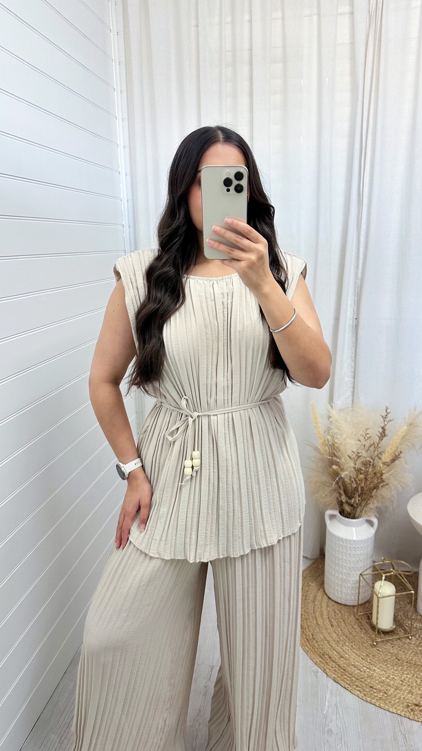 Pleated Tunic and Wide Leg Trousers Co-Ord - LIGHT BEIGE