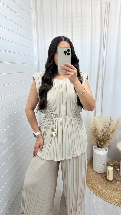 Pleated Tunic and Wide Leg Trousers Co-Ord - LIGHT BEIGE
