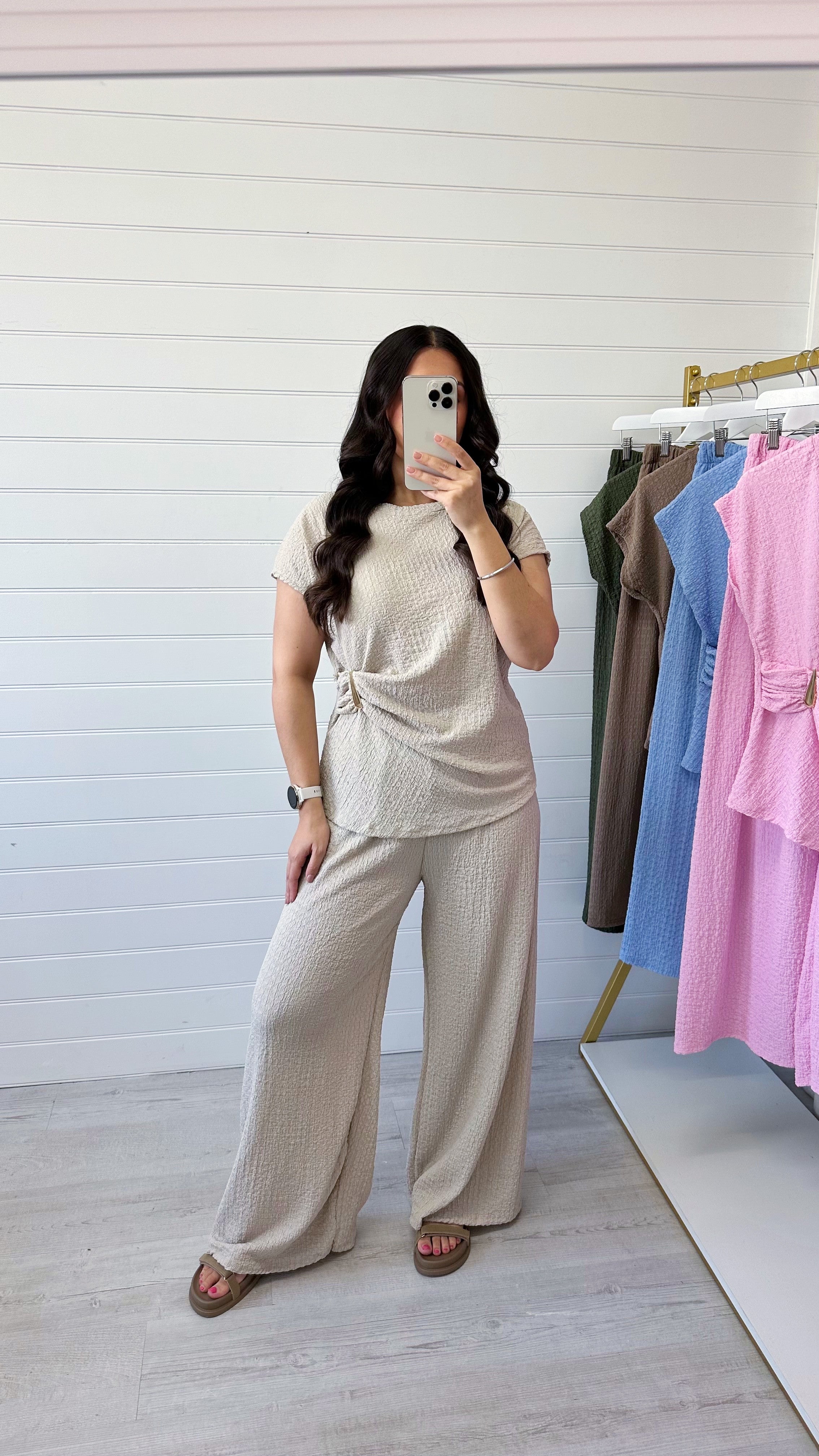 Gold Clasp Ruched Top and Wide Leg Trousers Co-Ord - BEIGE