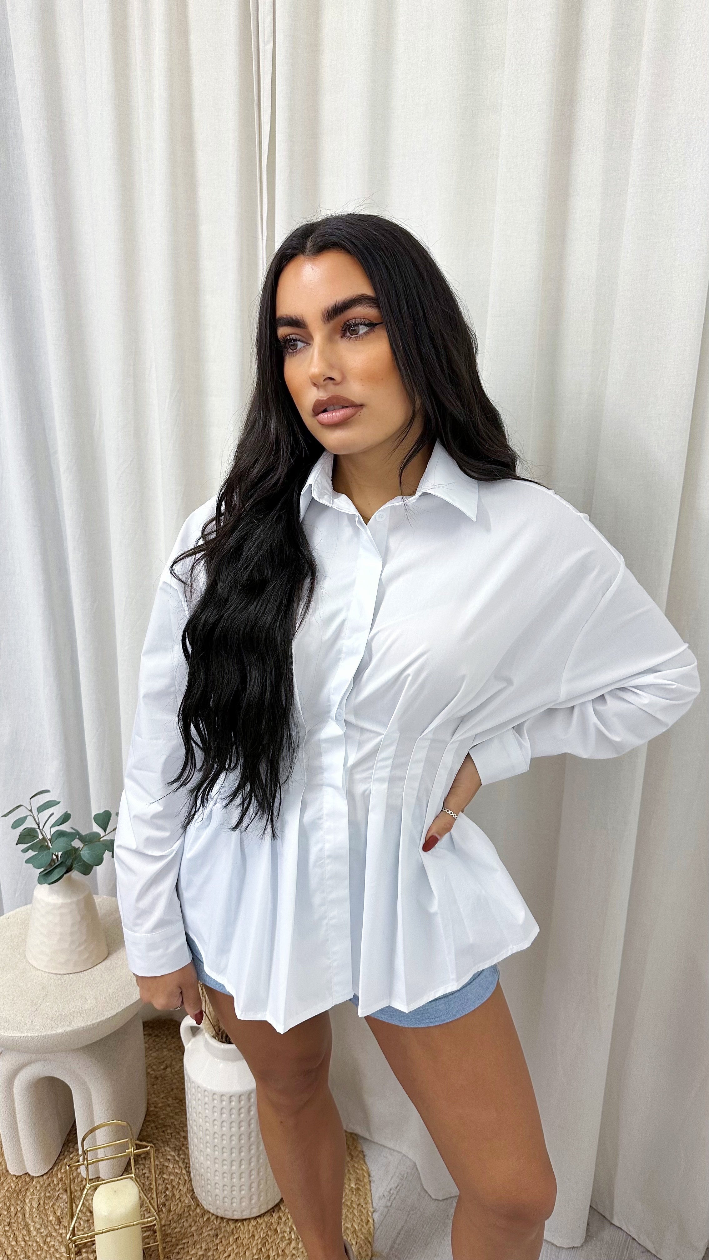 Pleated Cinched Waist Shirt - WHITE