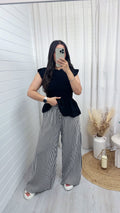 Pinstripe Linen Wide Leg Trousers - BLACK