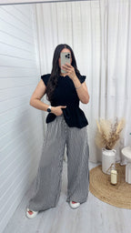 Pinstripe Linen Wide Leg Trousers - BLACK
