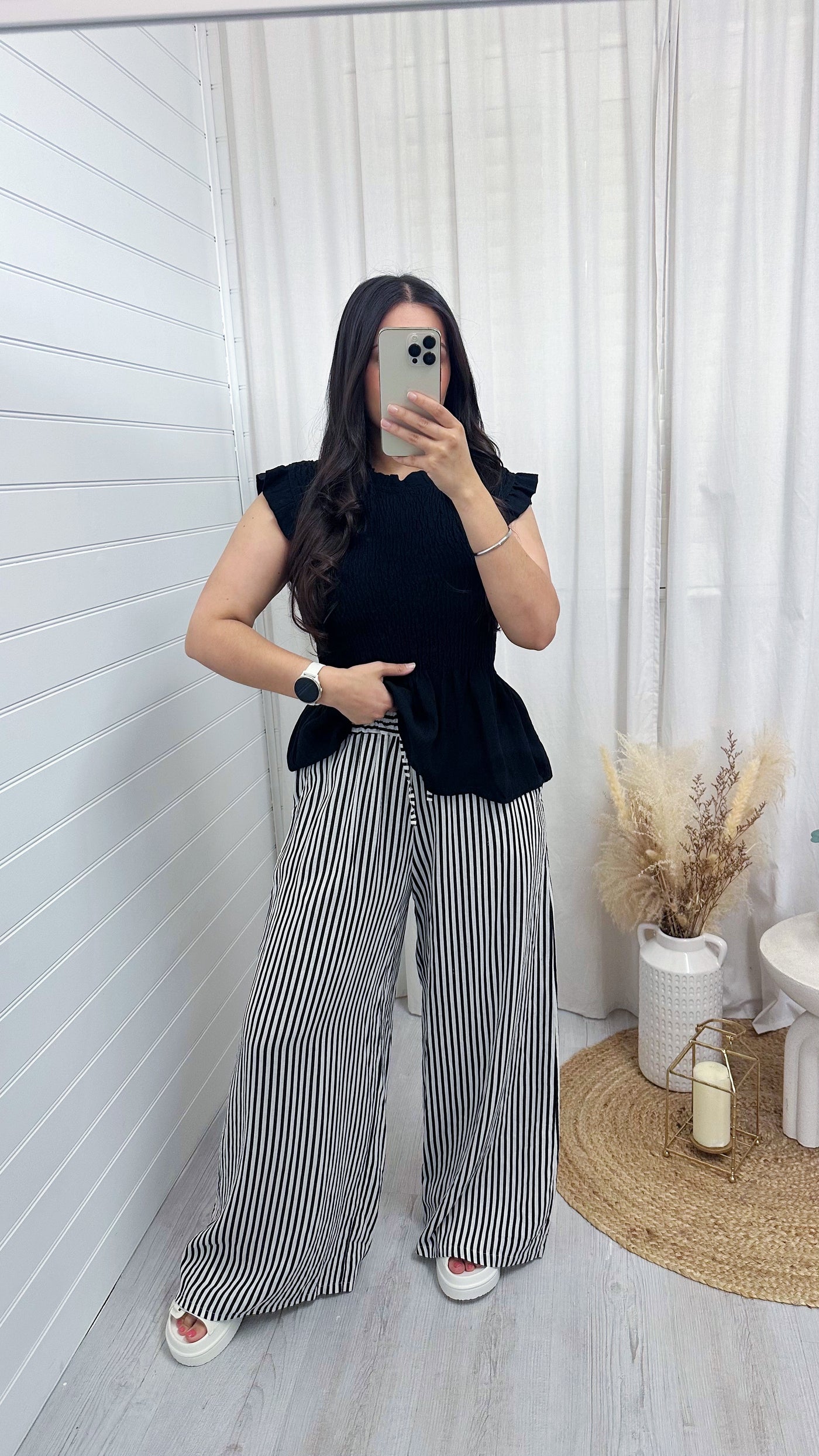 Pinstripe Linen Wide Leg Trousers - BLACK