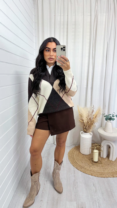 Argyle Knitted Insert Jumper - BROWN