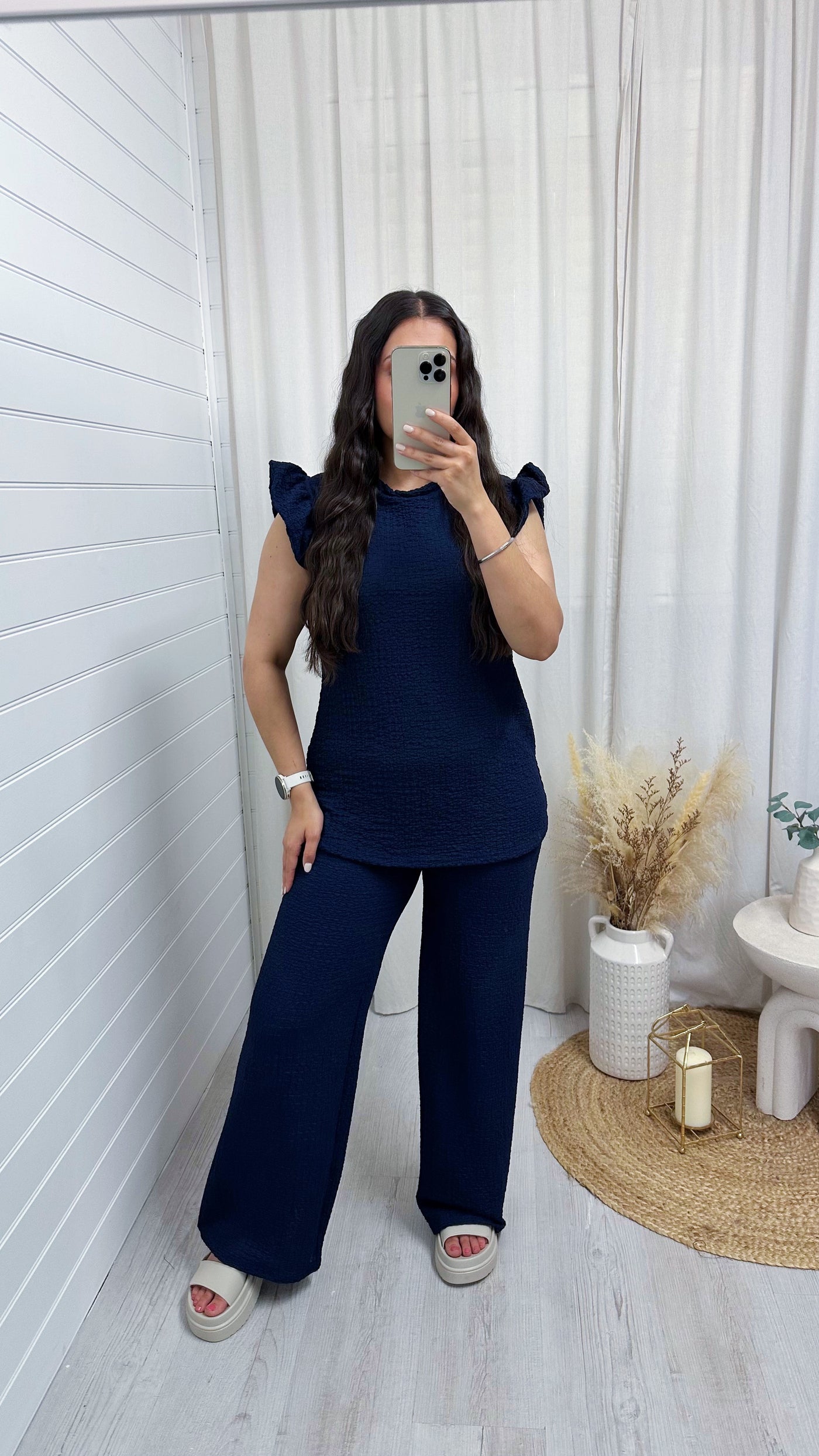 Cheesecloth Frill Shoulder Top and Trousers Co-Ord - NAVY