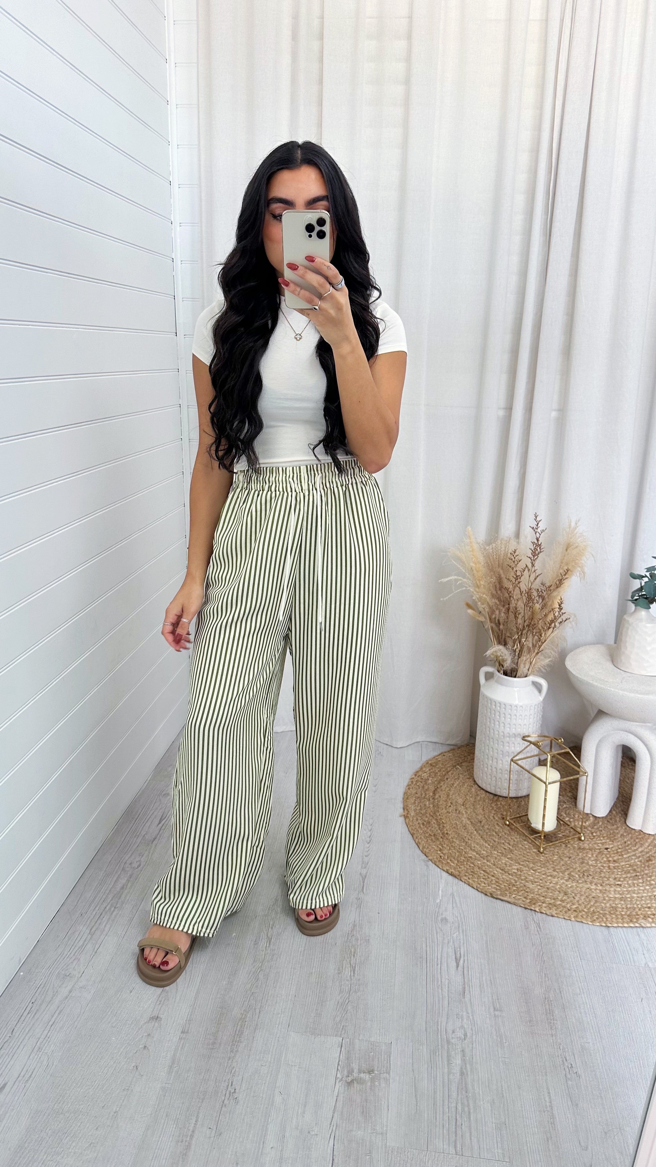 Relaxed Pinstripe Trousers - GREEN