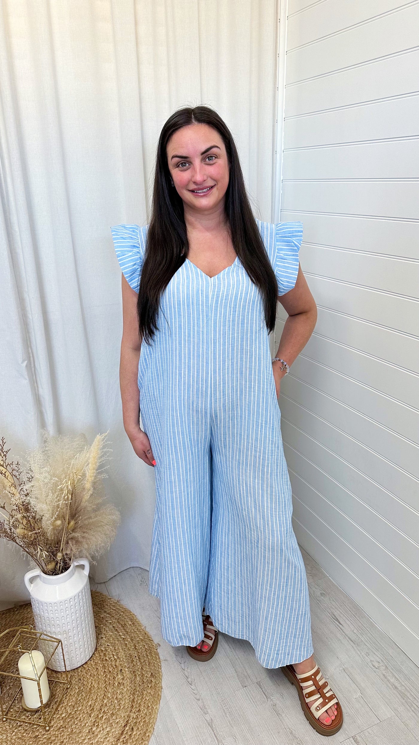 Pinstripe Linen Wide Leg Jumpsuit - BLUE