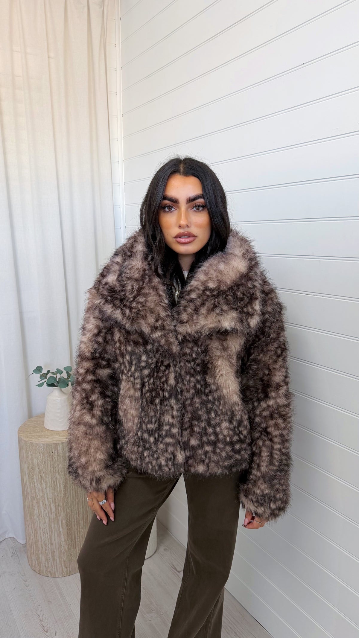 Fluffy Faux Fur Deer Print Coat - TAUPE