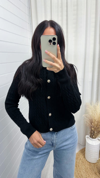 Long Sleeve Gold Button Cable Knit Cardigan - BLACK