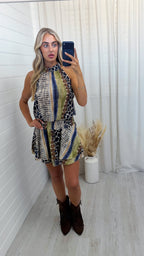 Reptile Print Halter Neck Frill Dress - NAVY