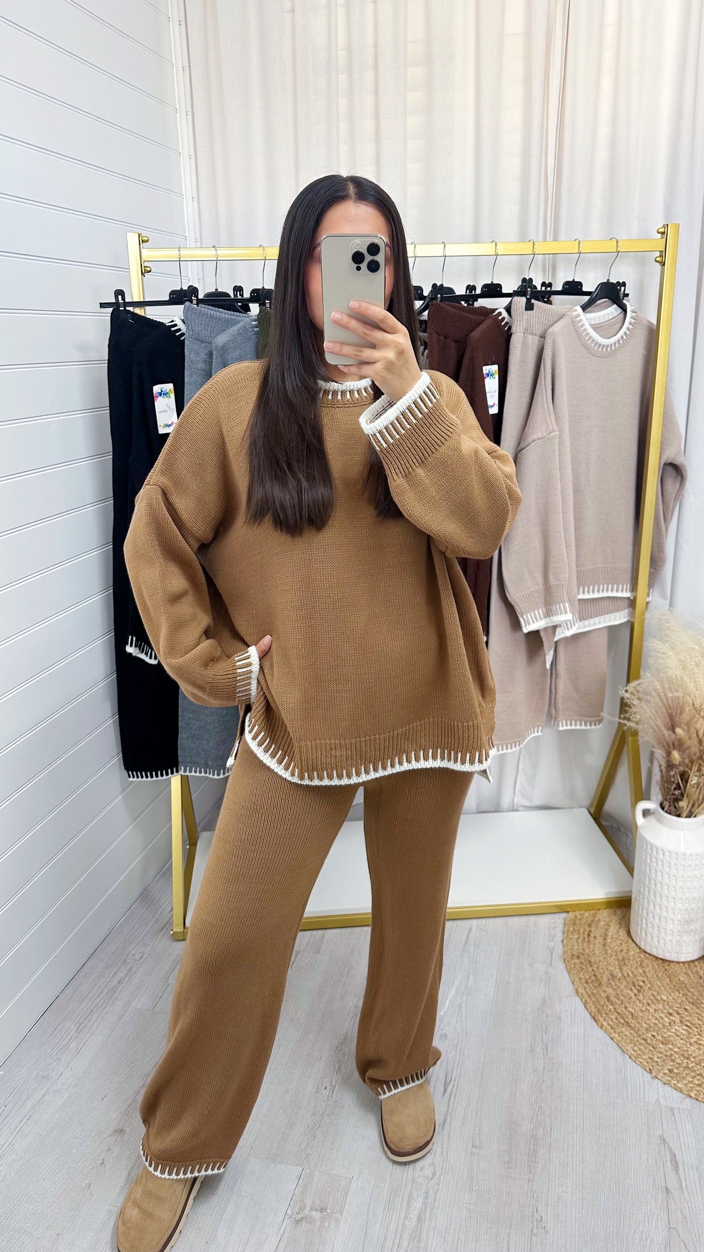 Blanket Stitch Knitted Co-Ord - CAMEL