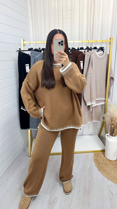 Blanket Stitch Knitted Co-Ord - CAMEL